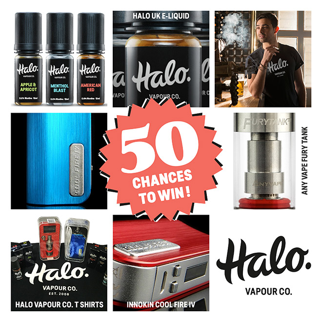 Compilation of prizes, inclluding Halo e-liquid, Coolfire IV and the Fury Tank. 