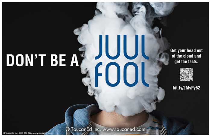 JUUL vape advert with a cloud of vapour obscuring a face.