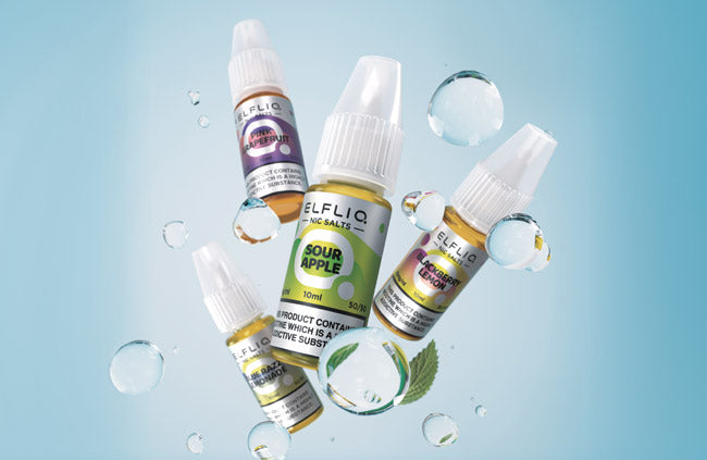 Elfliq e-liquid bottles on a light blue background with bubbles