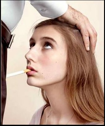 French Stop Smoking ad: A woman kneels before a man - a cigarette in her mouth. 