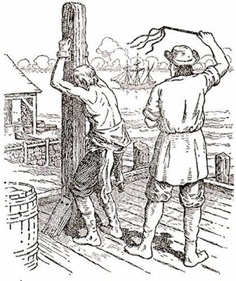 A man tied to a post receives corporal punishment. 