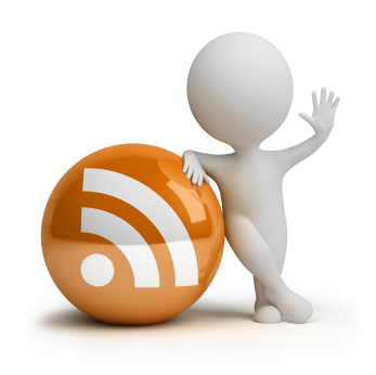 Blogger leaning on a RSS button.