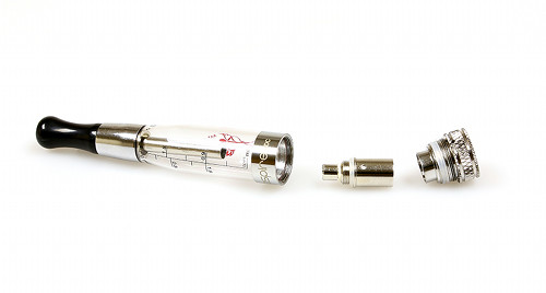 Aspire clearomiser disassembled on a white background.