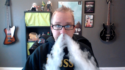 Nick exhales a cloud of vapour from both nostrils!