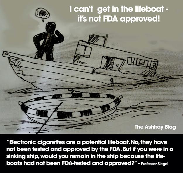 Image of a man on a boat looking at a lifeboat. Reads: "I can't get in the lifeboat - it's not FDA approved."