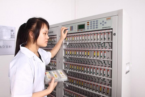 Chinese ladies testing batteries. 