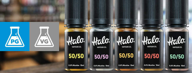 Halo Vapour Co 50/50 PG/VG next to PG/VG image.