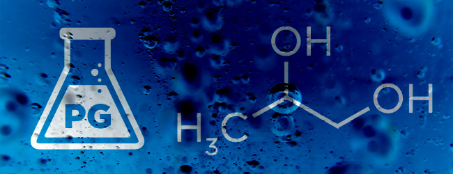 Bottle of PG with chemical formula on blue background. 