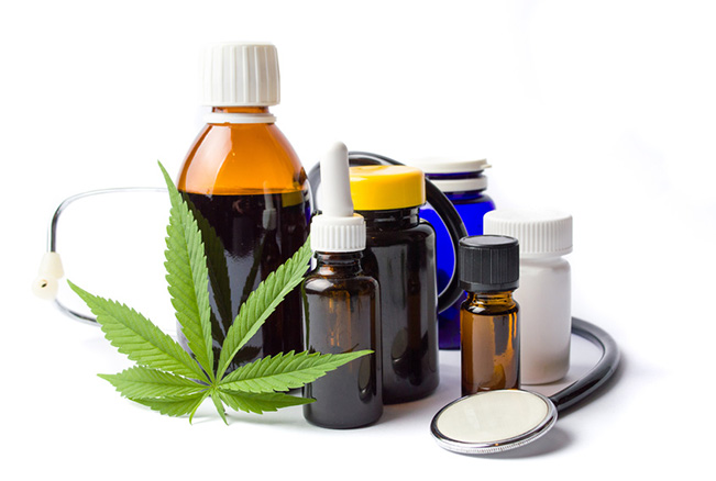 Medical bottles and marijuana leaf