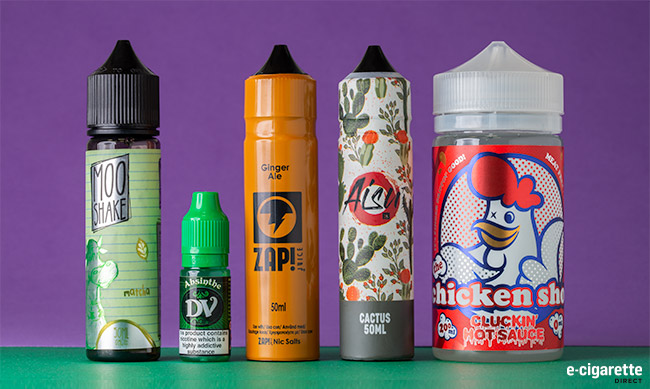 Odd flavour e-liquid bottles, such as Cactus and Cluckin' Hot Sauce