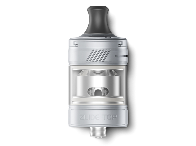 Image of a silver Zlide Top vape tank on a white background