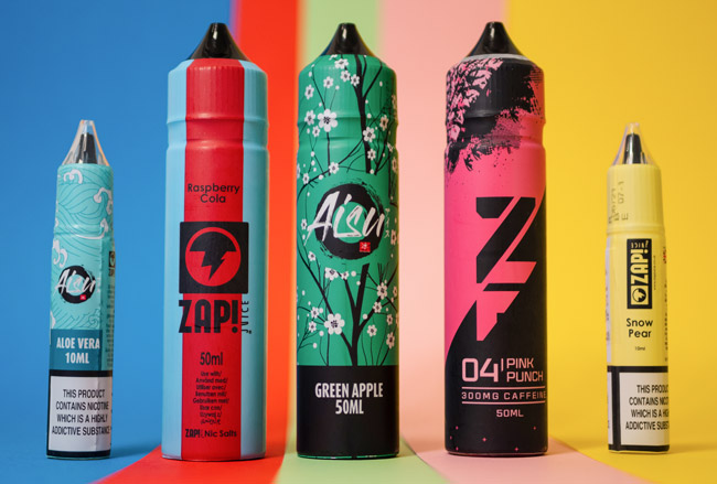 Zap! vape juice bottles on a colourful background