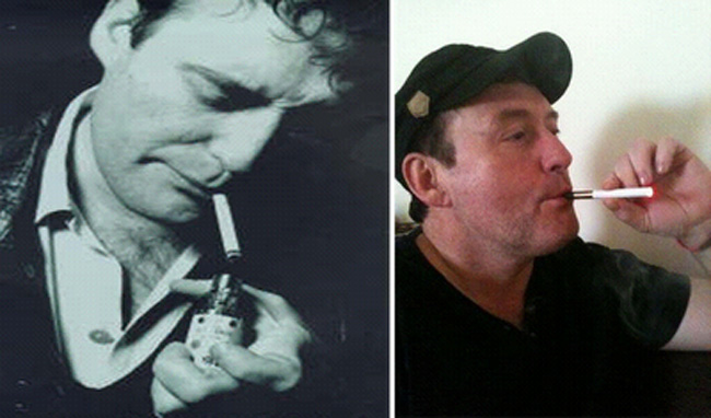 Side by side images of Jimmy White with a cigarette and a vape device