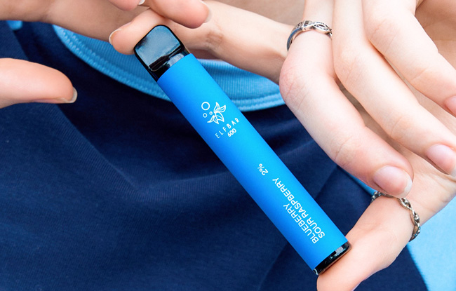 Image of a hand holding a blue-coloured Elf Bar disposable vape device