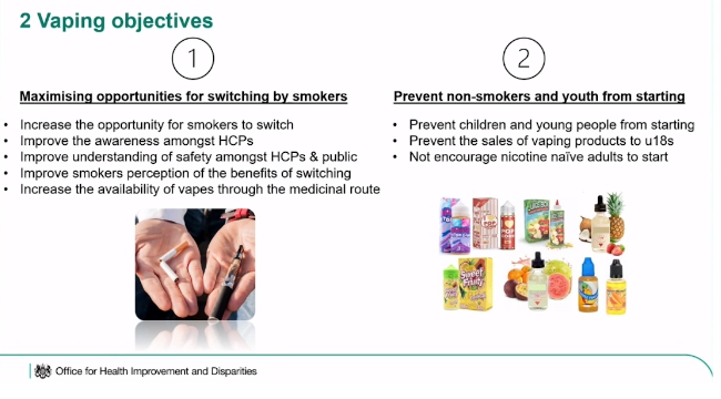 Vaping objectives from the Office for Health Improvement and Disparities. 