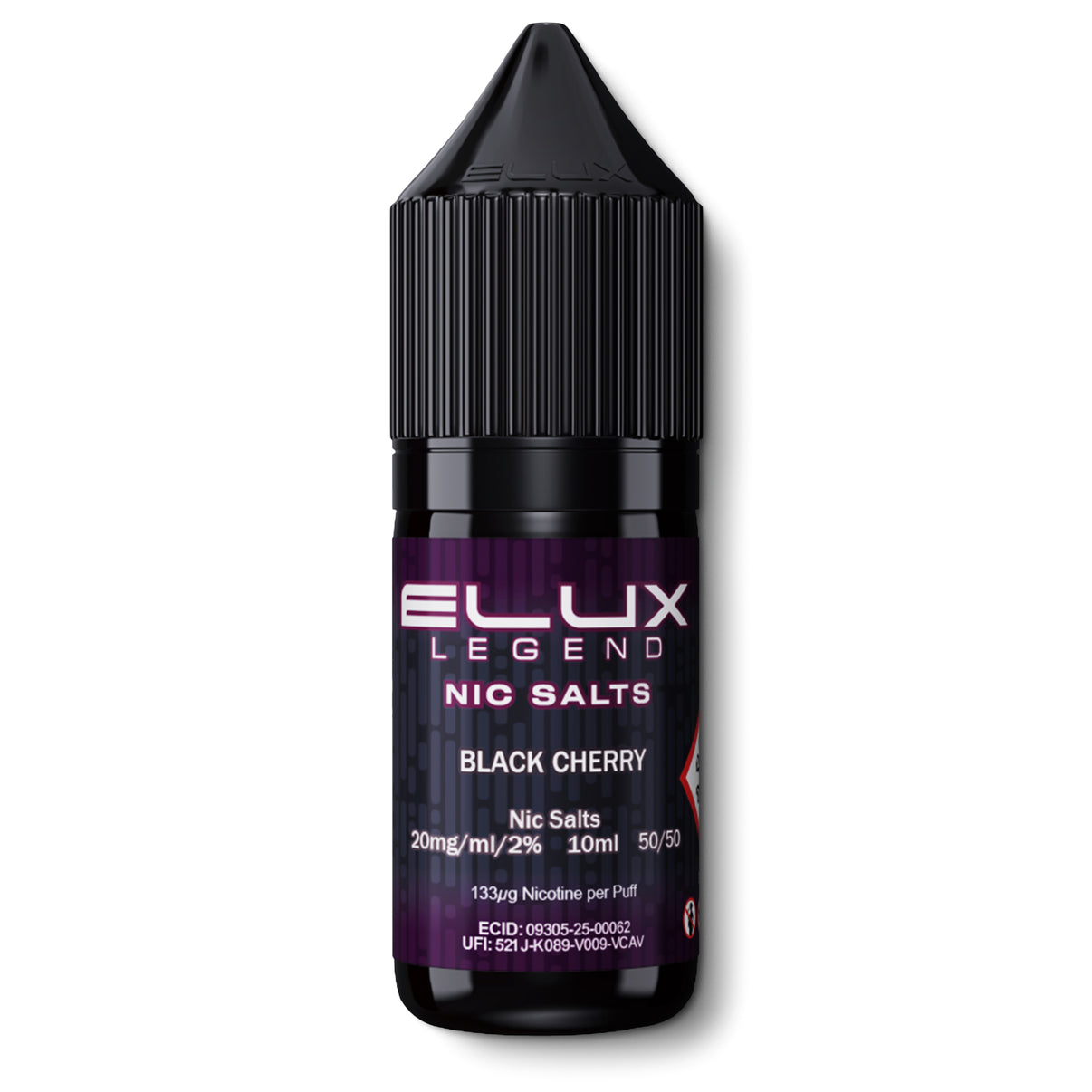 Elux Legend nic salts black cherry flavour e-liquid bottle on a white background