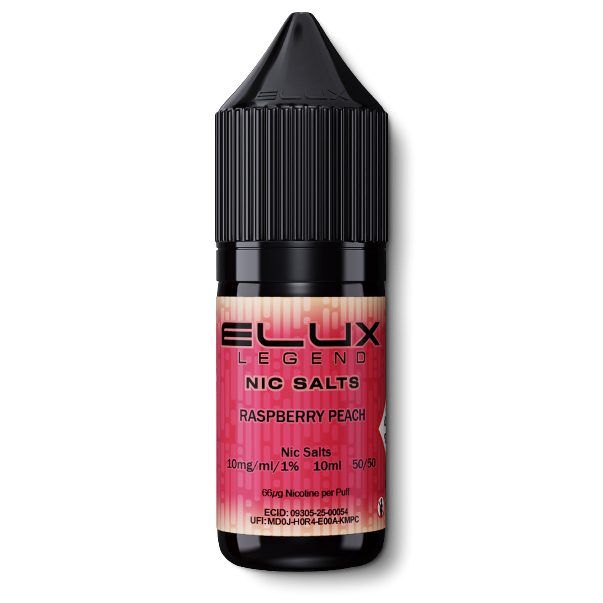 Elux Legend nic salts raspberry peach flavour e-liquid bottle on a white background