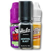 Three vape juice bottles with different flavors and colors on a white background.