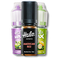 Three Halo Vapes bottles with different flavors on a white background