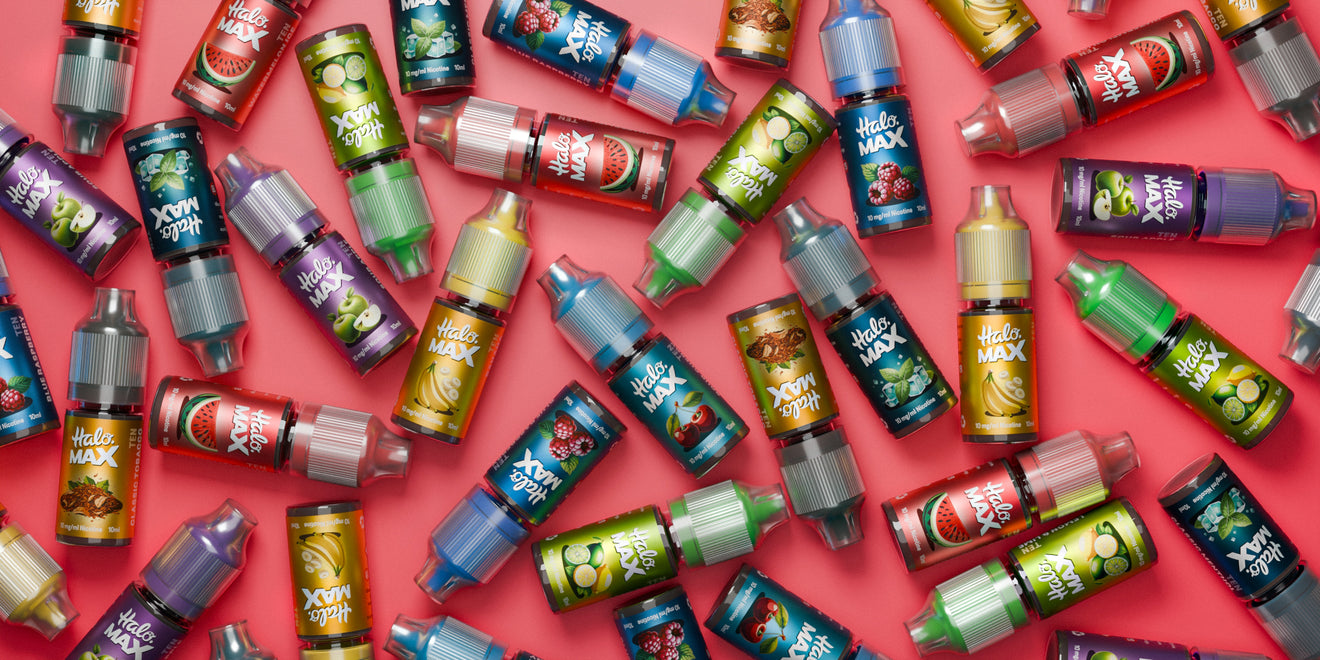 Halo Max vape juice bottles on a red background