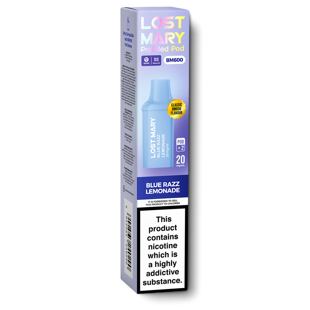 Lost Mary blue razz lemonade flavour vape pod packaging on a white background