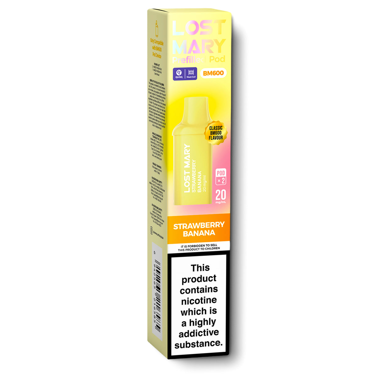 Lost Mary strawberry banana flavour vape pod packaging on a white background