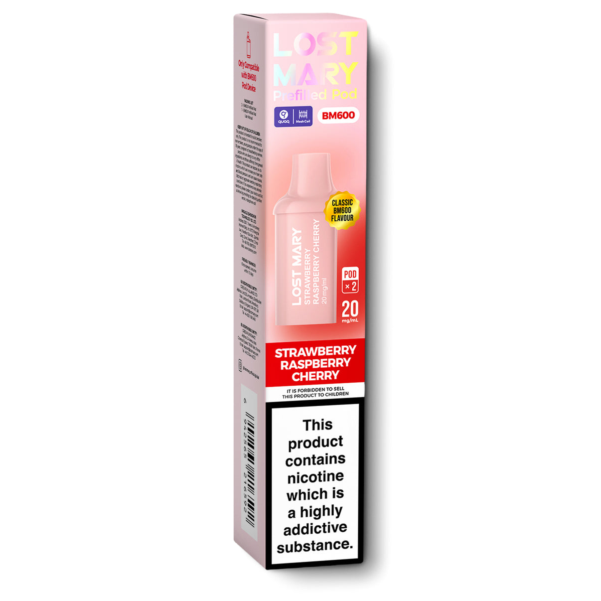 Lost Mary strawberry raspberry cherry flavour vape pod packaging on a white background
