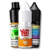 Three vape juice bottles with colorful labels on a white background