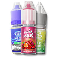 Three bottles of e-liquid with colorful labels on a white background