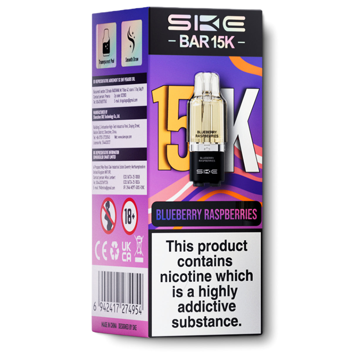SKE Bar 15K pods blueberry raspberries flavour