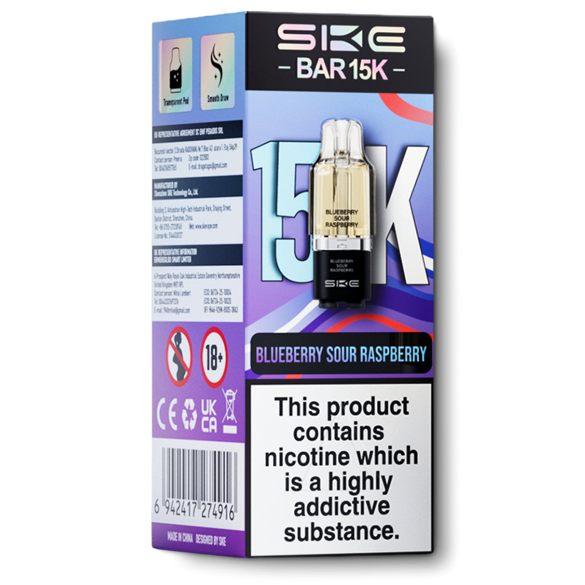 SKE Bar 15K pods blueberry sour raspberry flavour