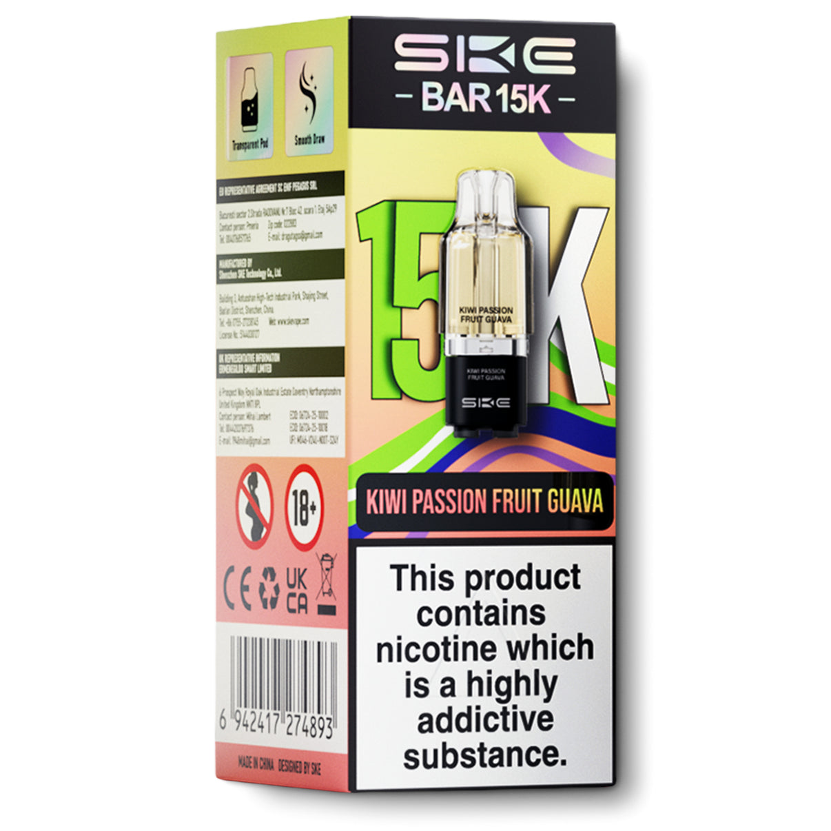SKE Bar 15K pods kiwi passion fruit guava flavour