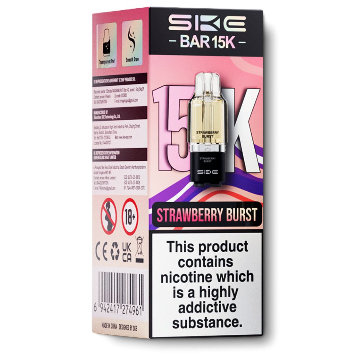 SKE Bar 15K pods strawberry burst flavour