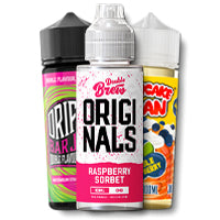 Three vape juice bottles with visible branding on a white background